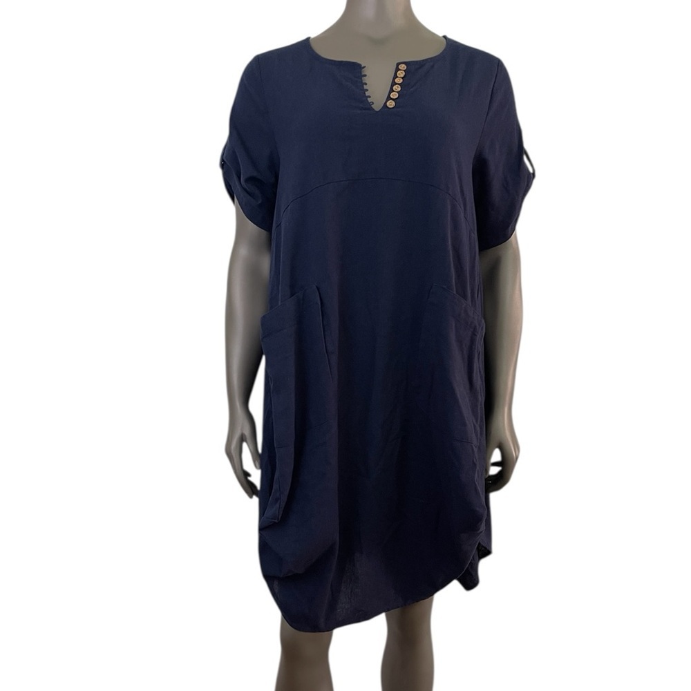 Minibee Dress Women M Navy Blue Linen Cotton Midi Lagenlook Boho Oversized
